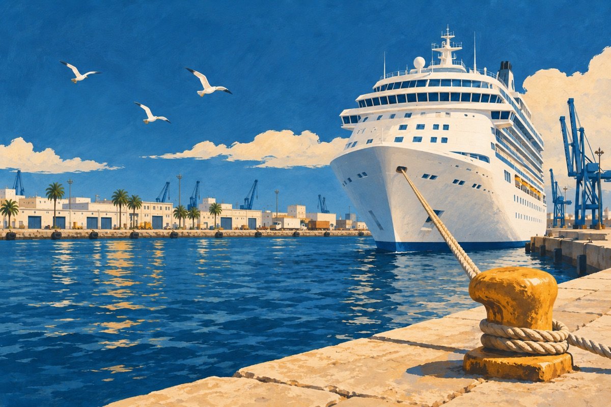 Ilustración editorial de un crucero atracado en un puerto inspirado en Cádiz