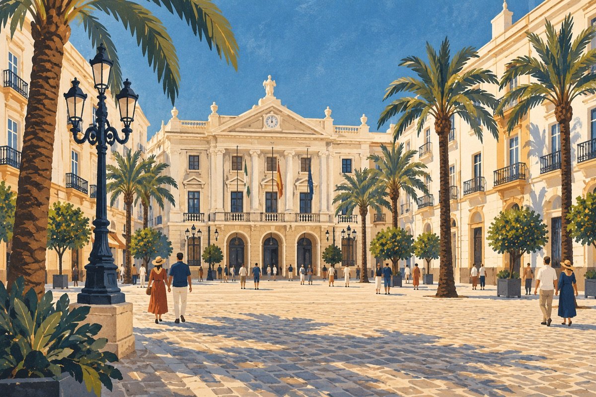 Ilustración editorial de un paseo por una plaza inspirada en San Juan de Dios, Cádiz