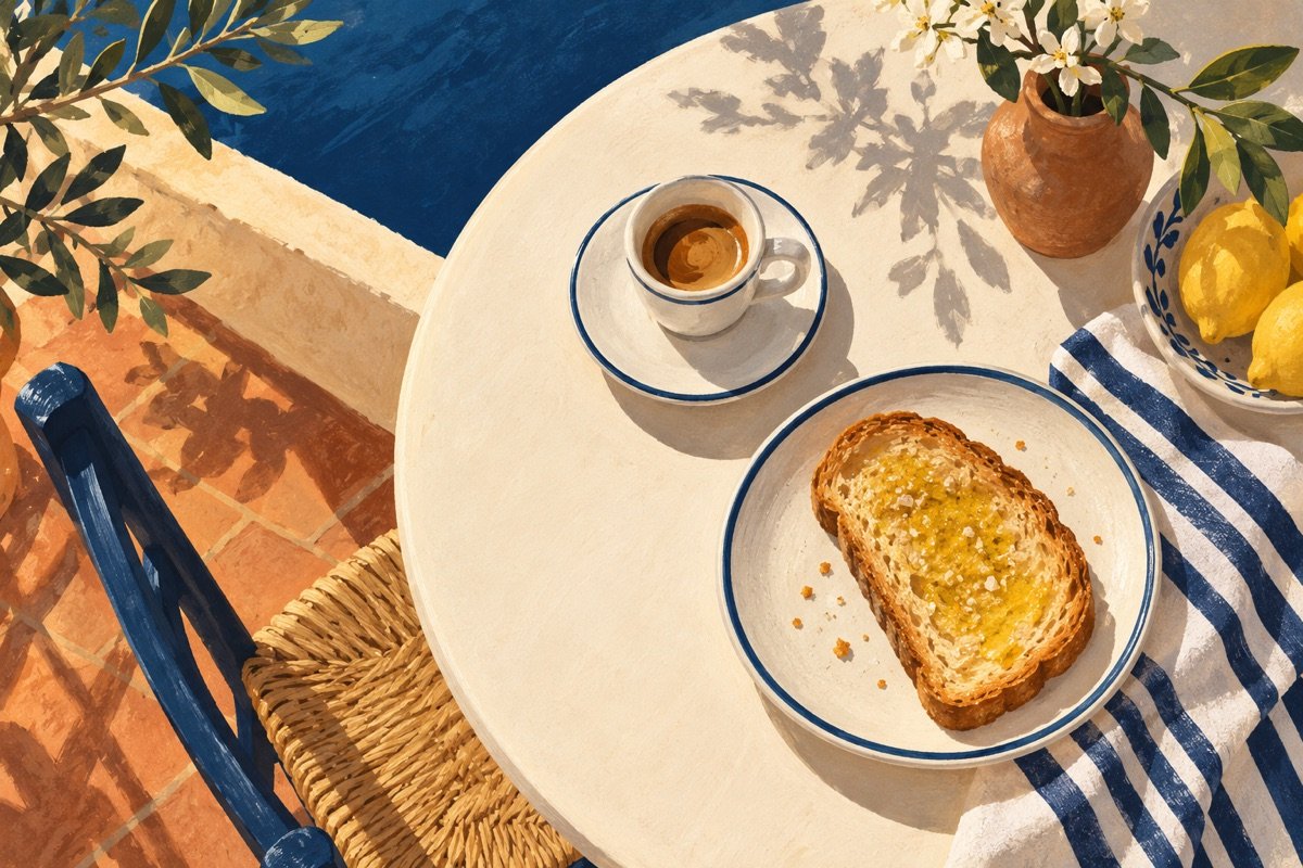 Ilustración editorial de un desayuno de sábado con café y tostada